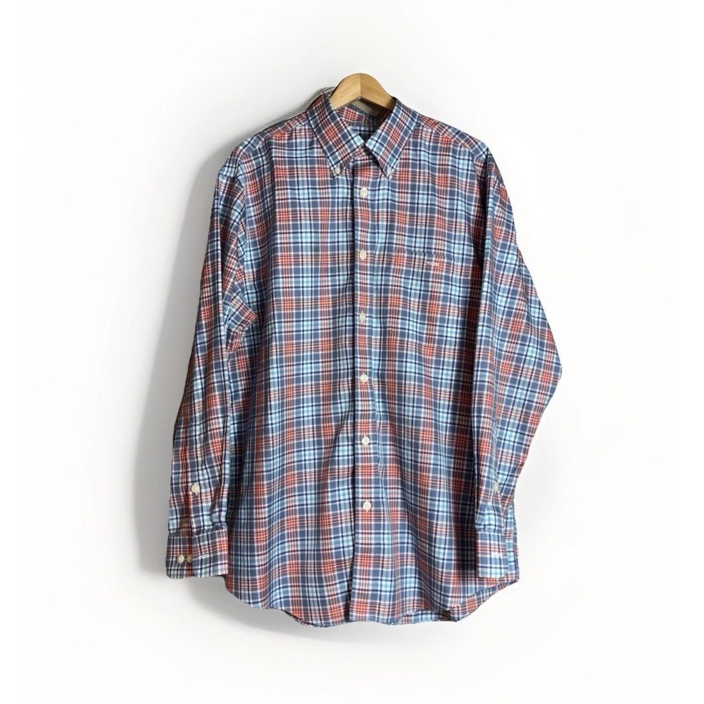 ORVIS Mens Size L Button Down Long Sleeve Casual Plaid Shirt Orange Blue White